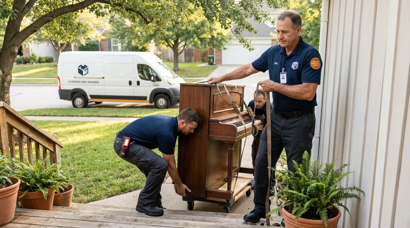Licensed piano movers securing grand piano in Kane, PA