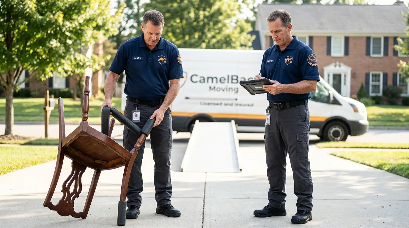 Movers inspecting furniture for damage prevention before loading in Kane, PA